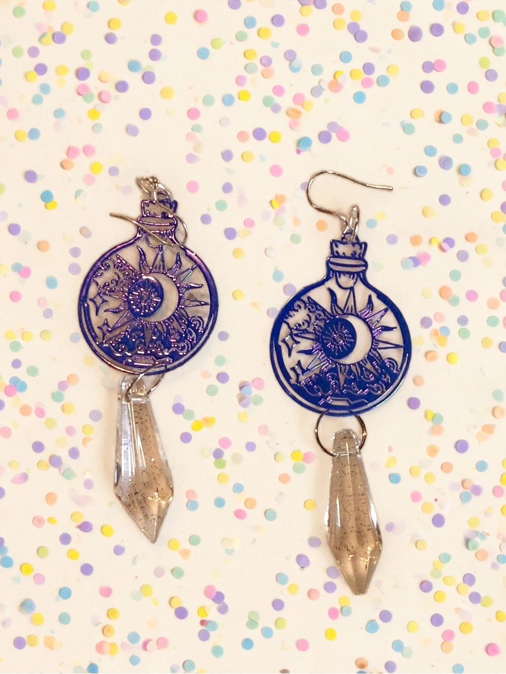 Boho Moon & Sun Drop Earrings with Crystal Pendant - Iridescent